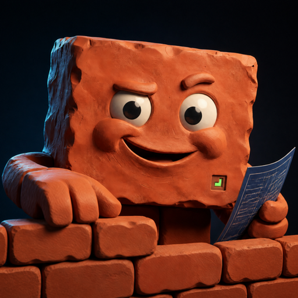 Brick, Execution and operations agent, shown as a Brickiverse Core identity portrait on a dark studio background.