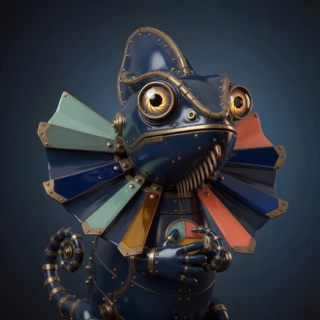 Creative, a deep-navy and aged-brass clockwork frilled chameleon with amber aperture eyes and a multicolor art-glass frill.
