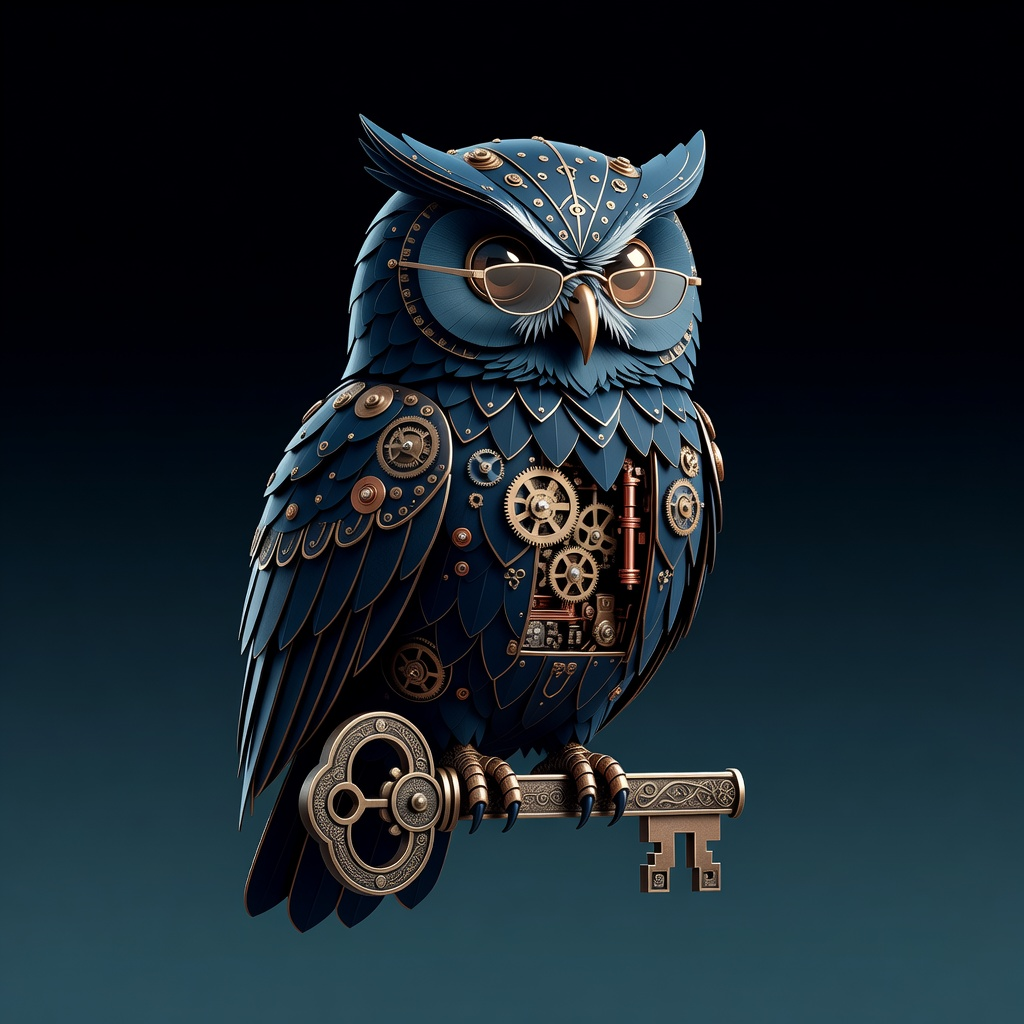 Herman, Operations agent and steampunk owl, shown as a Hermanity Core identity portrait on a dark studio background.